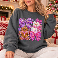 Coquette Christmas Sweatshirt for Women with Gingerbread Snowman Pink Purple Bows