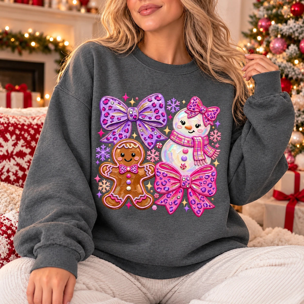 Coquette Christmas Sweatshirt for Women with Gingerbread Snowman Pink Purple Bows