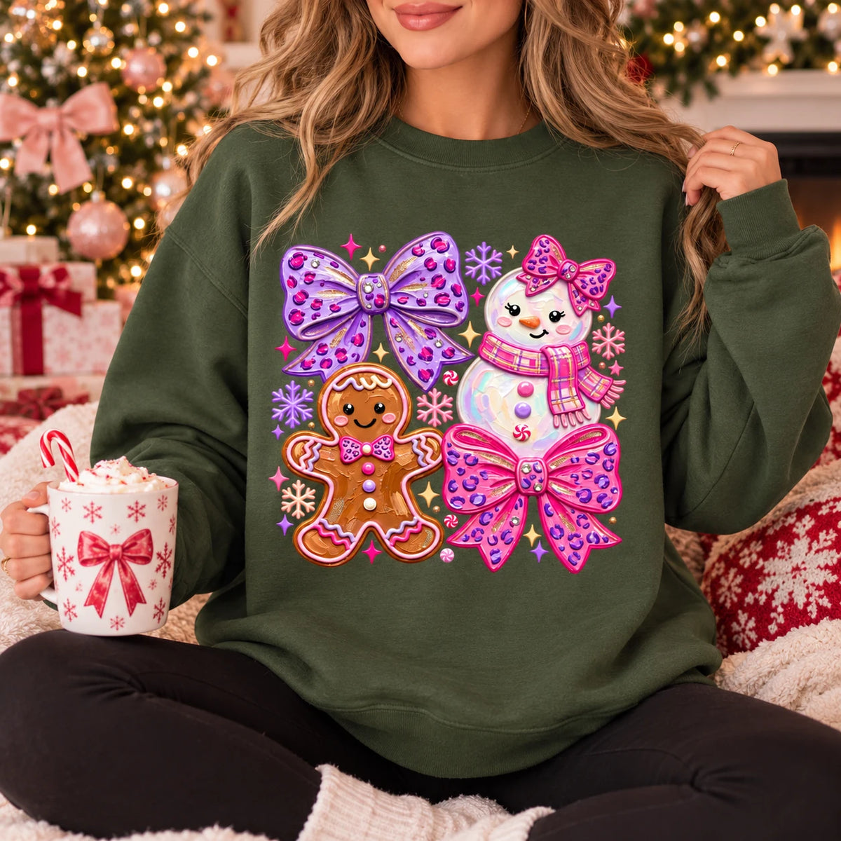 Coquette Christmas Sweatshirt for Women with Gingerbread Snowman Pink Purple Bows