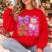 Coquette Christmas Sweatshirt for Women with Gingerbread Snowman Pink Purple Bows
