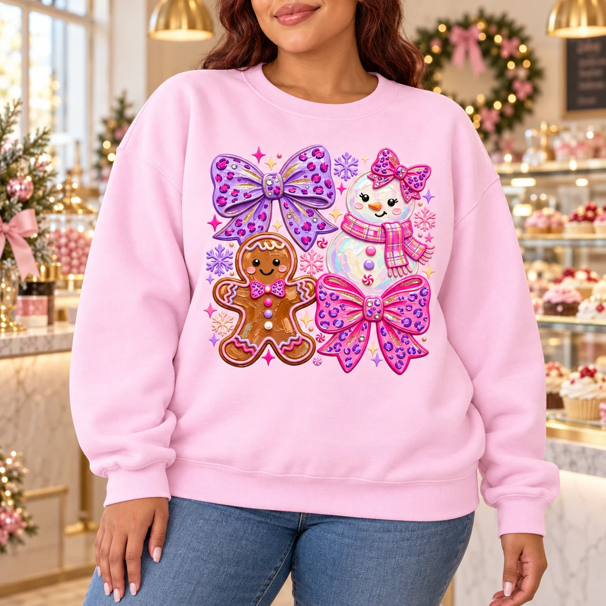 Coquette Christmas Sweatshirt for Women with Gingerbread Snowman Pink Purple Bows