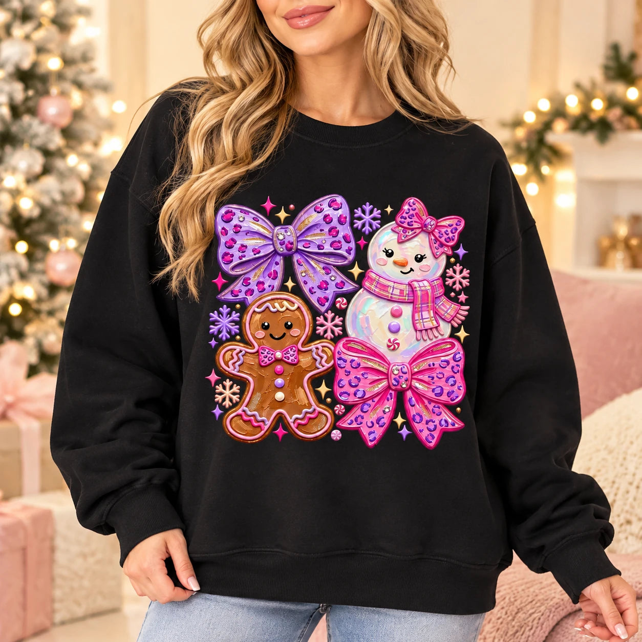 Coquette Christmas Sweatshirt for Women with Gingerbread Snowman Pink Purple Bows