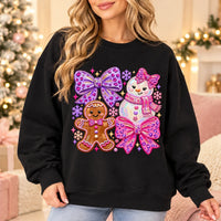 Coquette Christmas Sweatshirt for Women with Gingerbread Snowman Pink Purple Bows