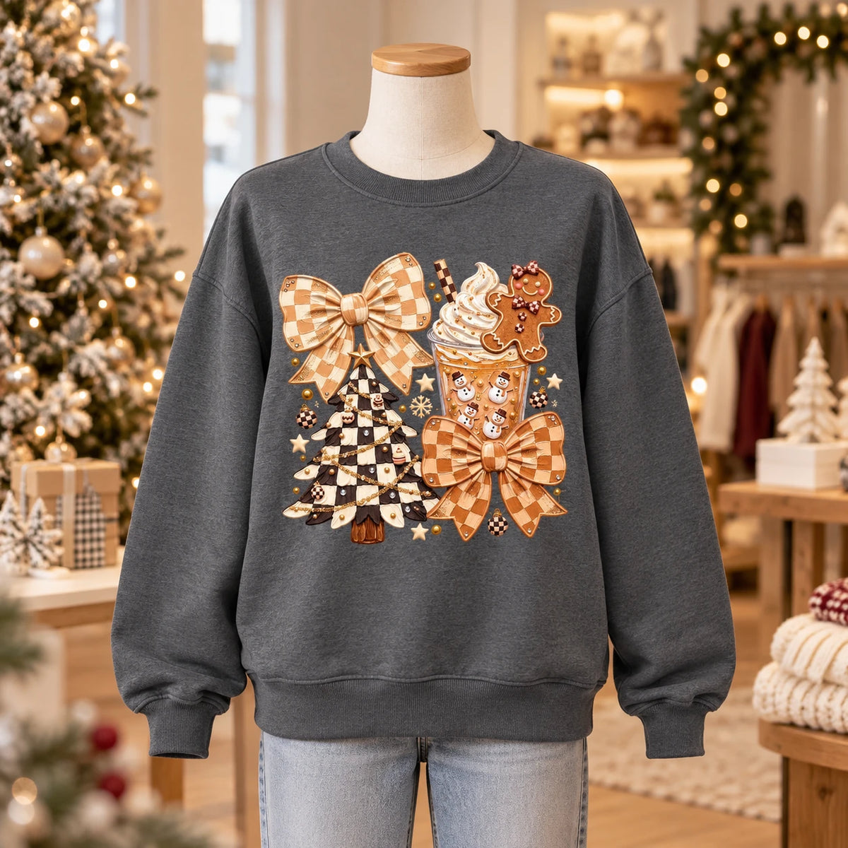 Coquette Christmas Sweatshirt, Neutral Gingham Bows, Hot Cocoa and Gingerbread Holiday Collage, Cute Preppy Winter Style for Women