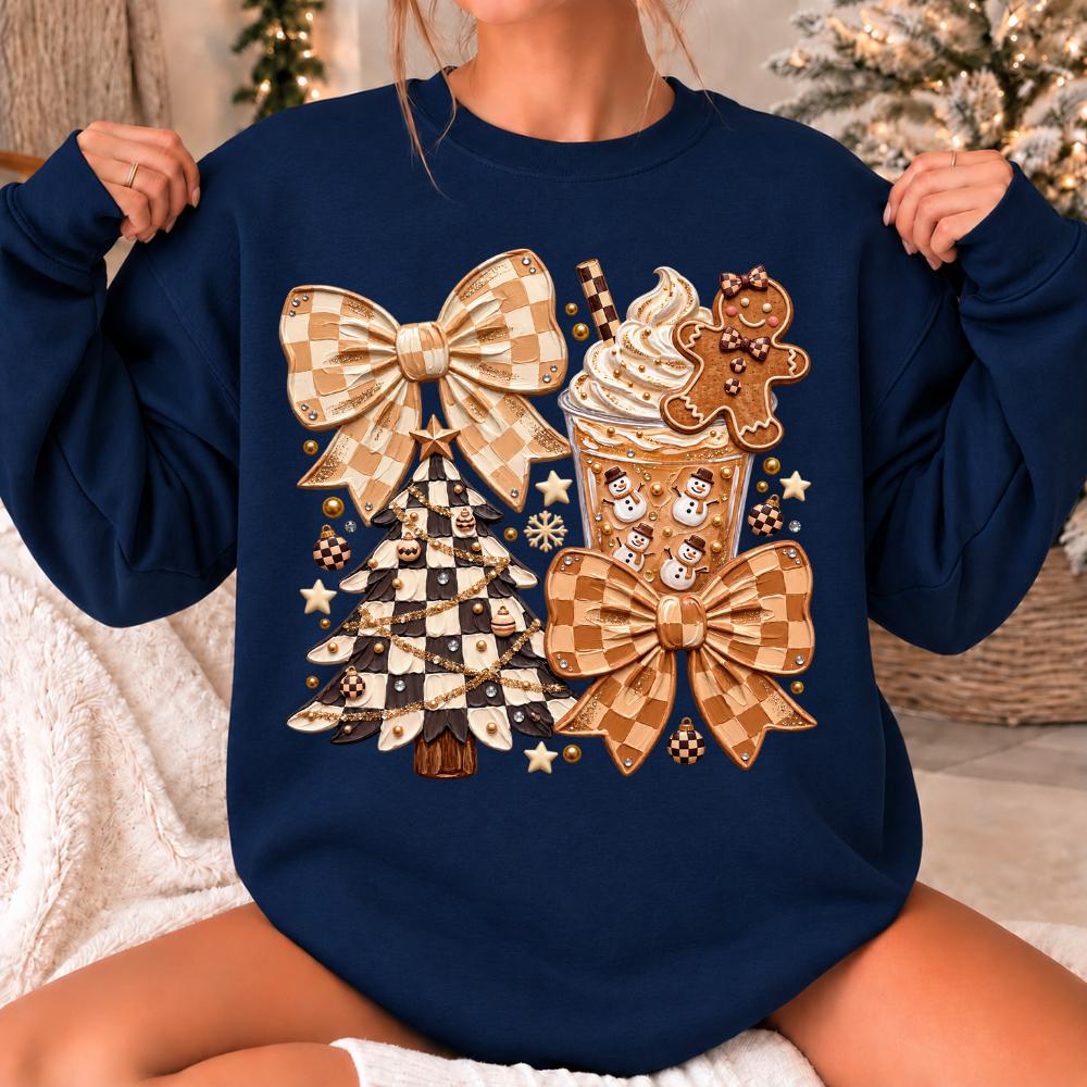 Coquette Christmas Sweatshirt, Neutral Gingham Bow Cocoa Collage, Holiday Women, Cute Preppy Design