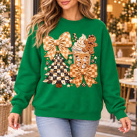 Coquette Christmas Sweatshirt, Neutral Gingham Bows, Hot Cocoa and Gingerbread Holiday Collage, Cute Preppy Winter Style for Women