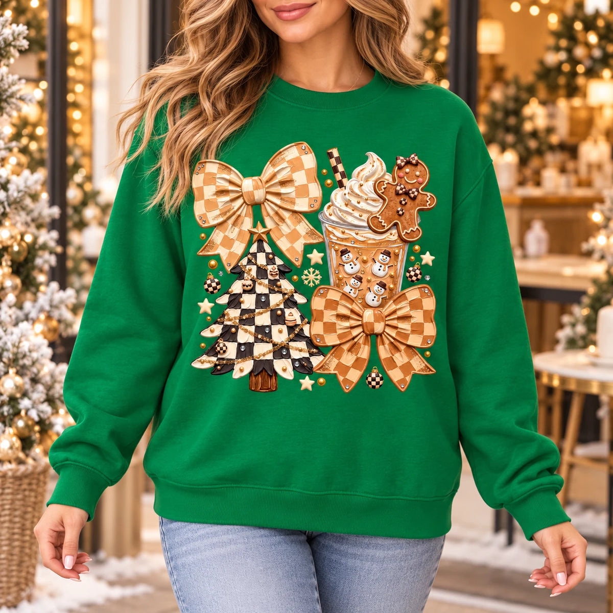 Coquette Christmas Sweatshirt, Neutral Gingham Bows, Hot Cocoa and Gingerbread Holiday Collage, Cute Preppy Winter Style for Women
