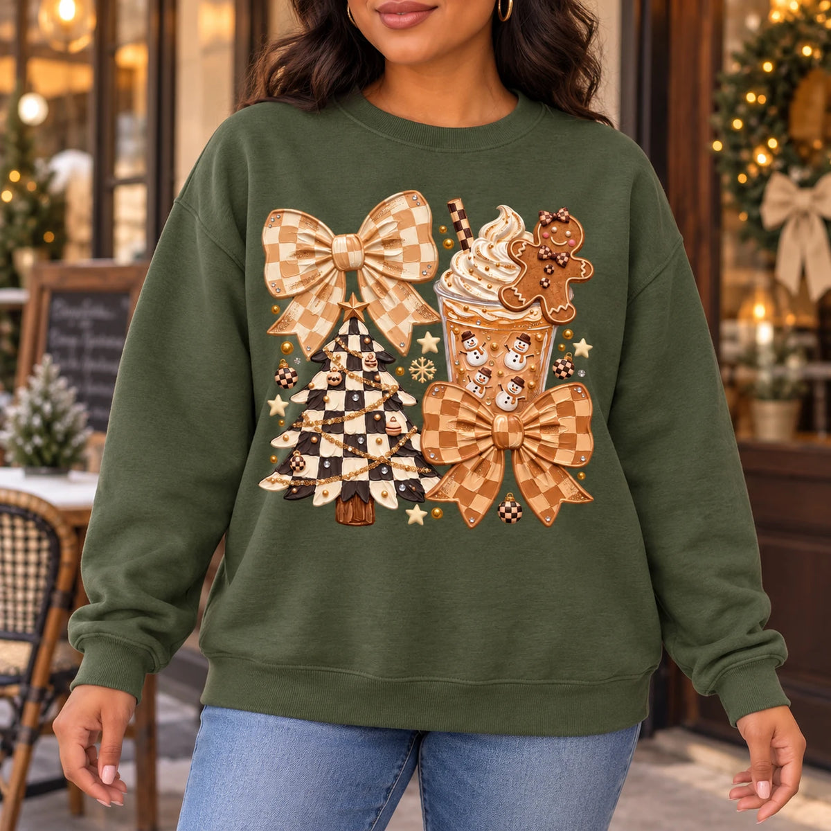 Coquette Christmas Sweatshirt, Neutral Gingham Bows, Hot Cocoa and Gingerbread Holiday Collage, Cute Preppy Winter Style for Women