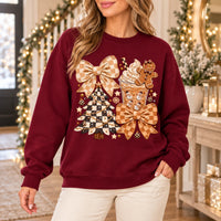 Coquette Christmas Sweatshirt, Neutral Gingham Bows, Hot Cocoa and Gingerbread Holiday Collage, Cute Preppy Winter Style for Women