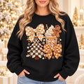 Coquette Christmas Sweatshirt, Neutral Gingham Bows, Hot Cocoa and Gingerbread Holiday Collage, Cute Preppy Winter Style for Women