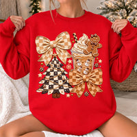 Coquette Christmas Sweatshirt, Neutral Gingham Bow Cocoa Collage, Holiday Women, Cute Preppy Design