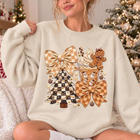 Coquette Christmas Sweatshirt, Neutral Gingham Bow Cocoa Collage, Holiday Women, Cute Preppy Design
