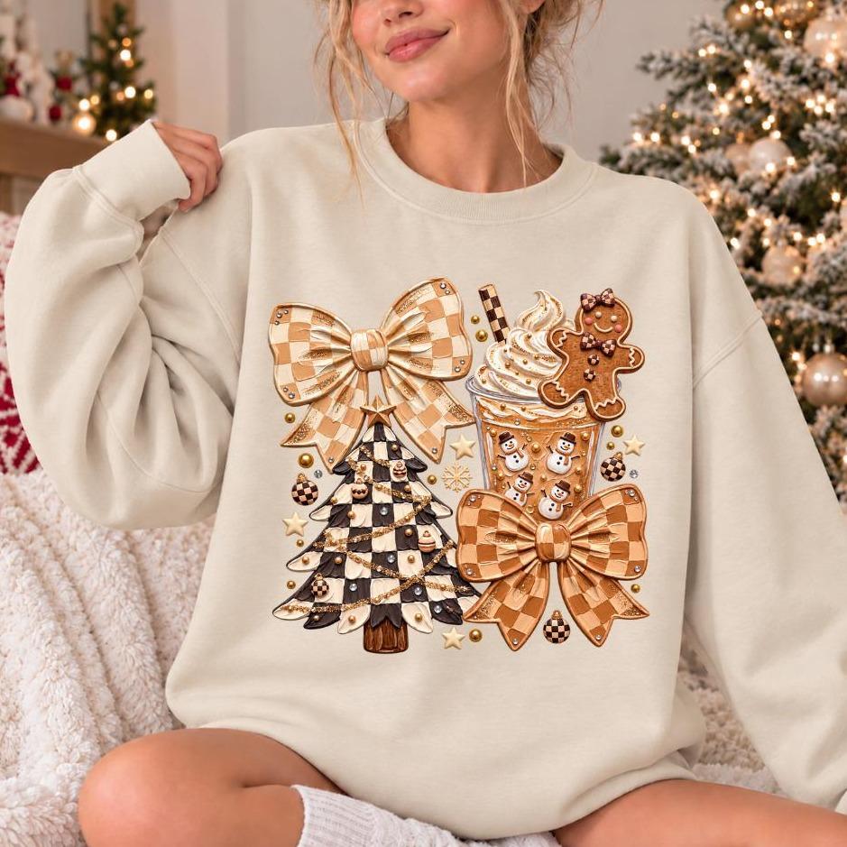 Coquette Christmas Sweatshirt, Neutral Gingham Bow Cocoa Collage, Holiday Women, Cute Preppy Design