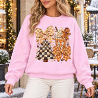 Coquette Christmas Sweatshirt, Neutral Gingham Bows, Hot Cocoa and Gingerbread Holiday Collage, Cute Preppy Winter Style for Women