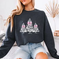 Coquette Christmas Sweatshirt Pink Bow Christmas Trees Holiday Season Women Cute Coquette Design