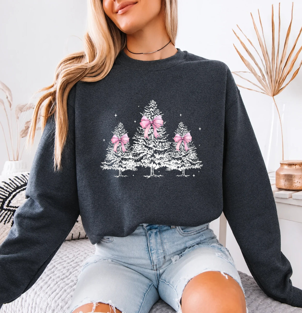 Coquette Christmas Sweatshirt Pink Bow Christmas Trees Holiday Season Women Cute Coquette Design