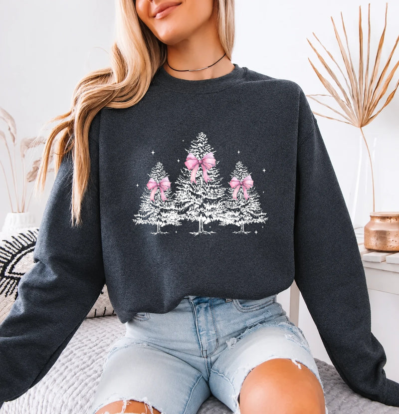 Coquette Christmas Sweatshirt Pink Bow Christmas Trees Holiday Season Women Cute Coquette Design