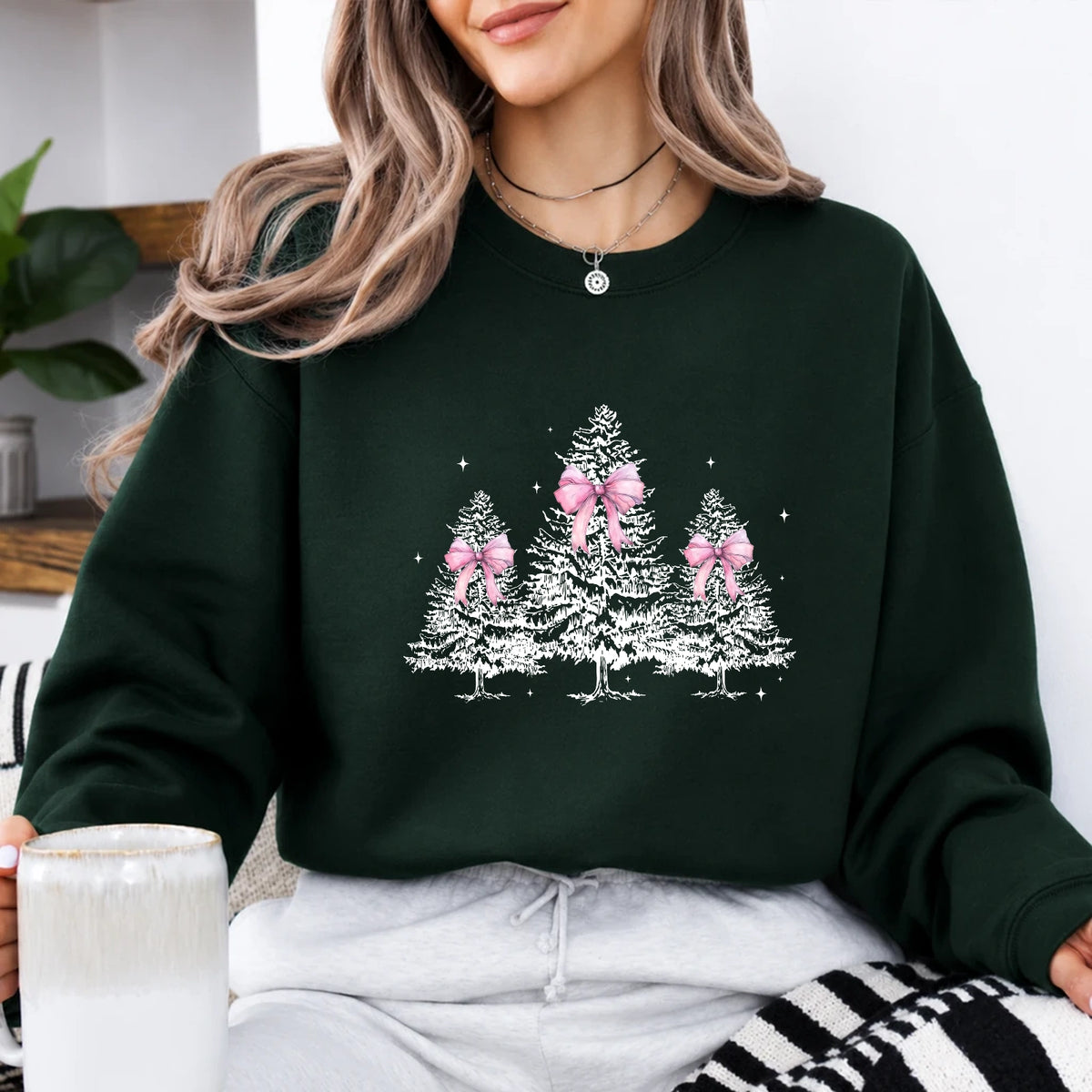 Coquette Christmas Sweatshirt Pink Bow Christmas Trees Holiday Season Women Cute Coquette Design