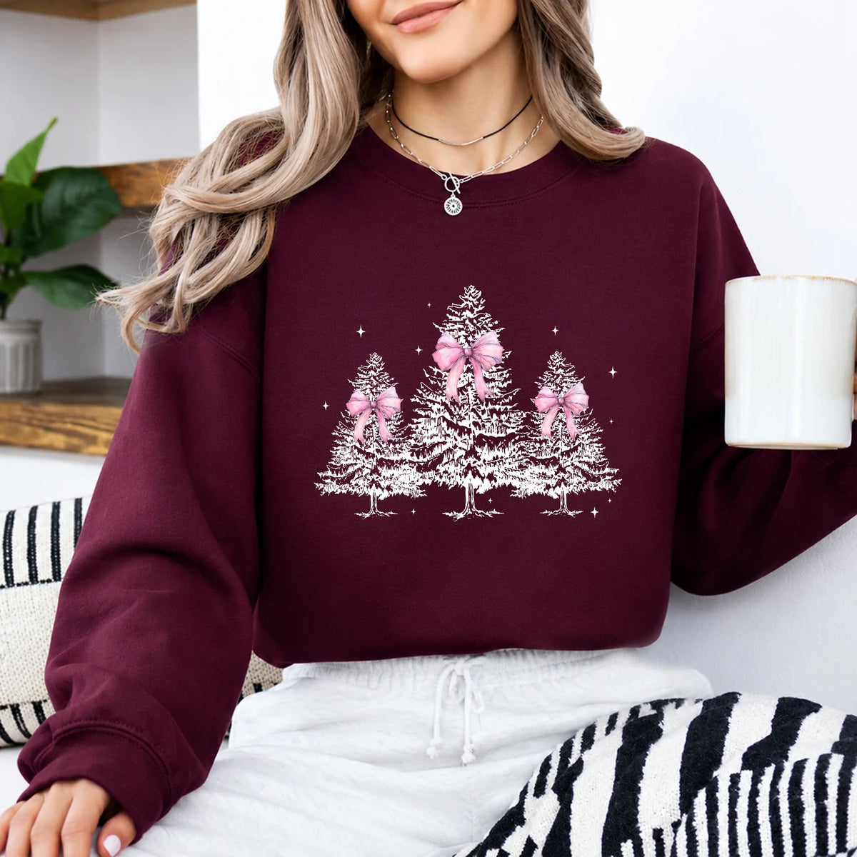 Coquette Christmas Sweatshirt Pink Bow Christmas Trees Holiday Season Women Cute Coquette Design