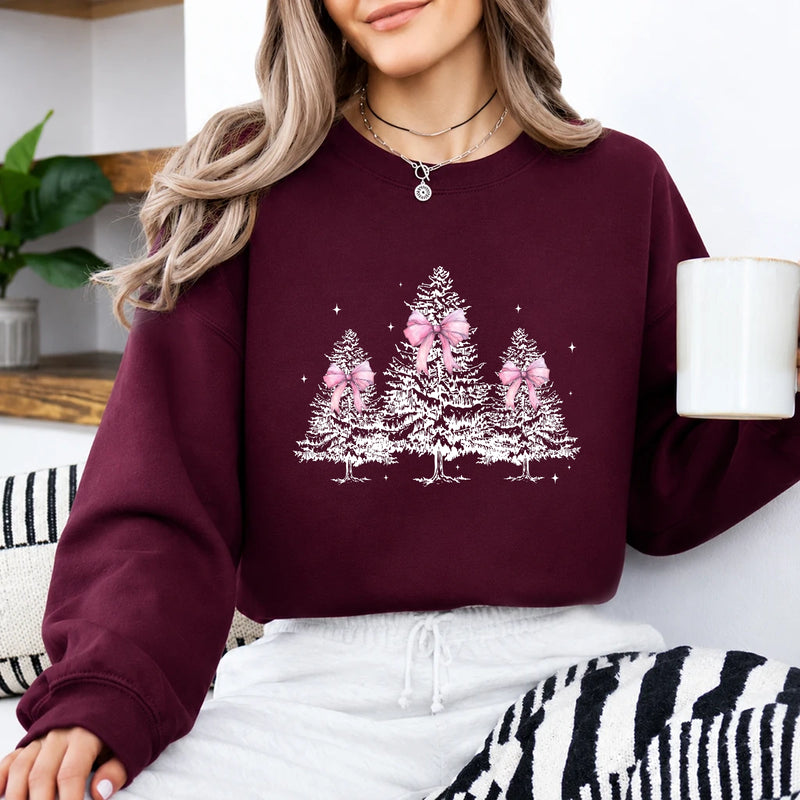 Coquette Christmas Sweatshirt Pink Bow Christmas Trees Holiday Season Women Cute Coquette Design