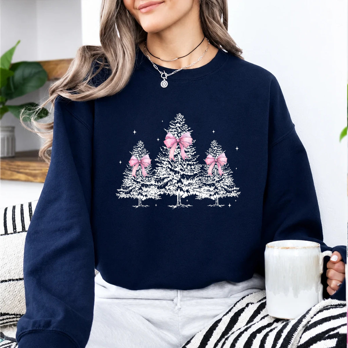 Coquette Christmas Sweatshirt Pink Bow Christmas Trees Holiday Season Women Cute Coquette Design