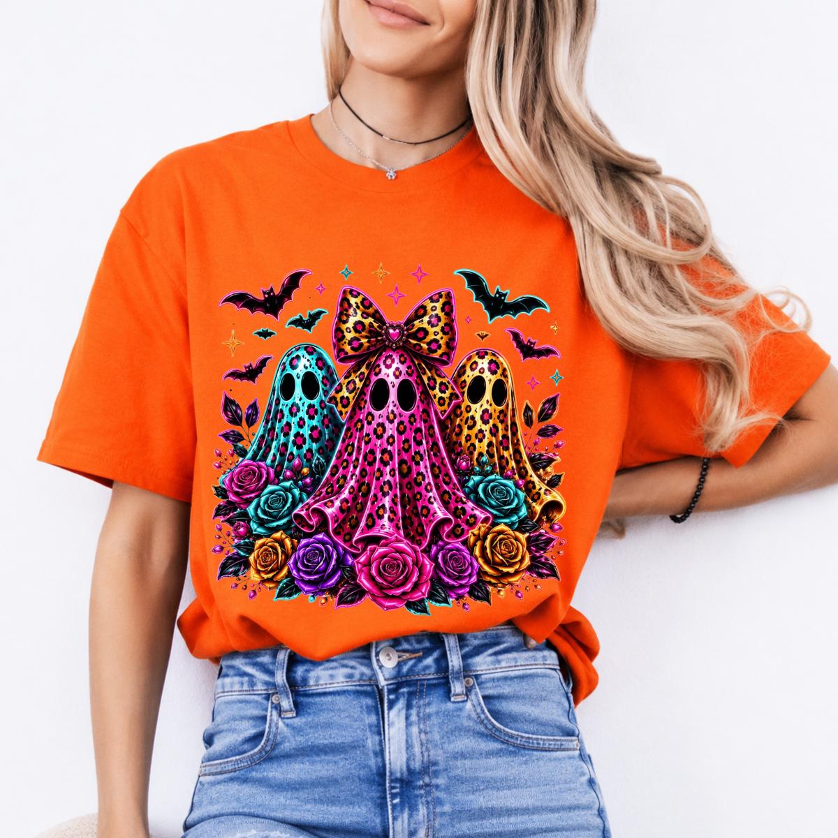 Coquette Halloween Ghost Leopard Floral Trio Sweatshirt and T-Shirt Spooky Season Women Cute Retro