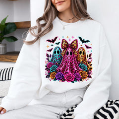 Coquette Halloween Ghost Leopard Floral Trio Sweatshirt and T-Shirt Spooky Season Women Cute Retro