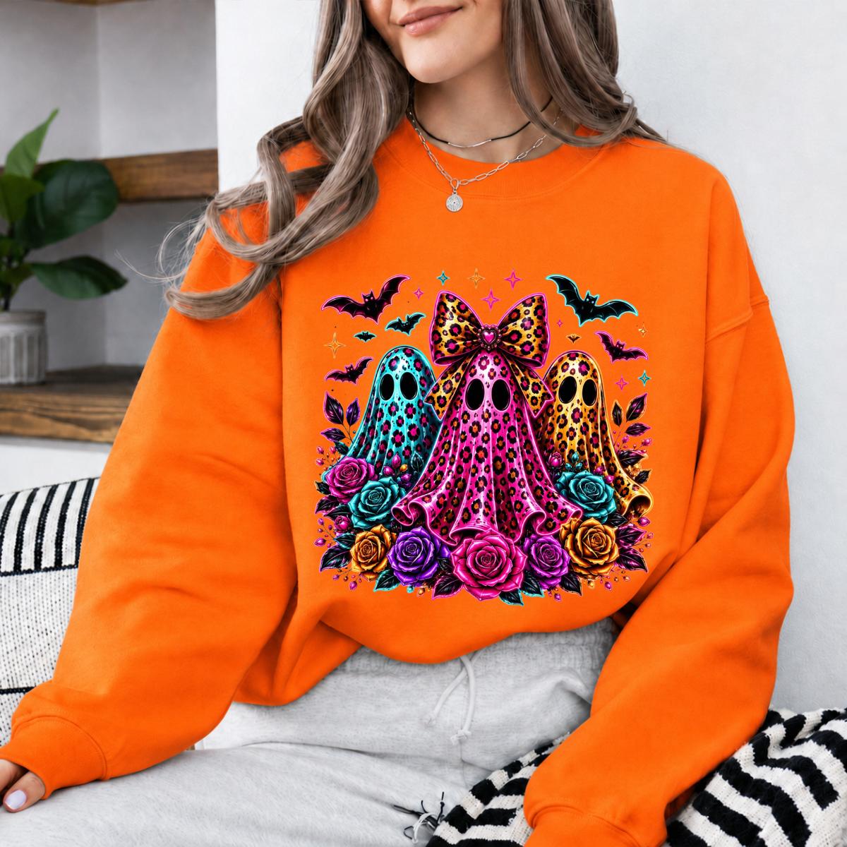 Coquette Halloween Ghost Leopard Floral Trio Sweatshirt and T-Shirt Spooky Season Women Cute Retro
