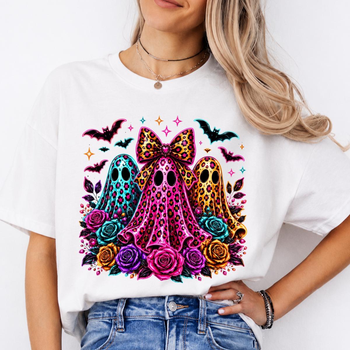Coquette Halloween Ghost Leopard Floral Trio Sweatshirt and T-Shirt Spooky Season Women Cute Retro