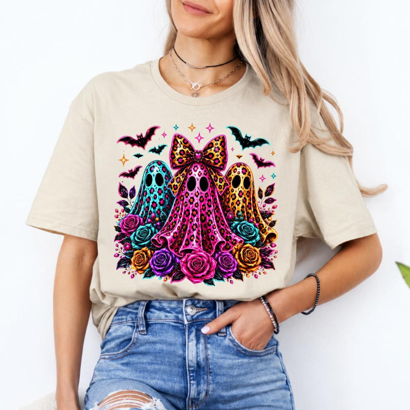 Coquette Halloween Ghost Leopard Floral Trio Sweatshirt and T-Shirt Spooky Season Women Cute Retro