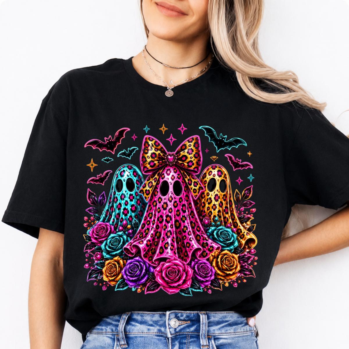 Coquette Halloween Ghost Leopard Floral Trio Sweatshirt and T-Shirt Spooky Season Women Cute Retro