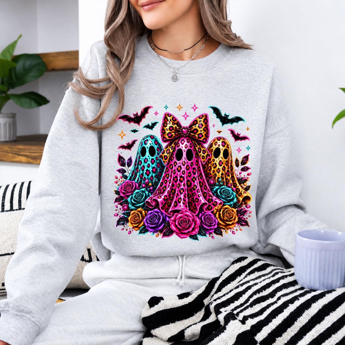 Coquette Halloween Ghost Leopard Floral Trio Sweatshirt and T-Shirt Spooky Season Women Cute Retro