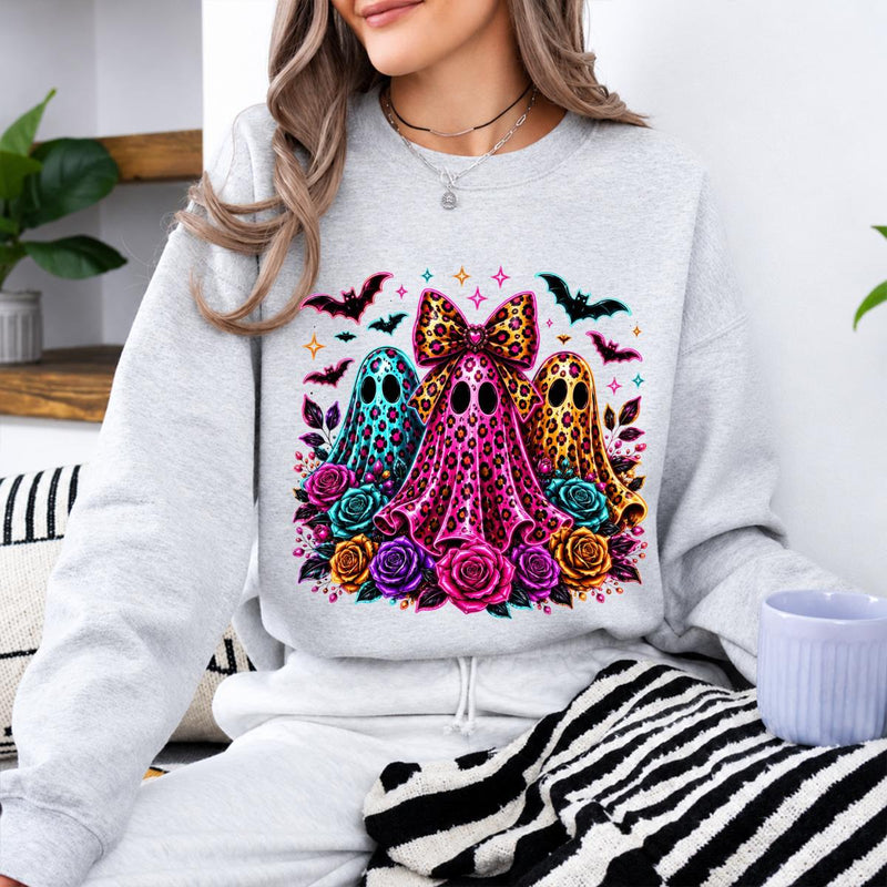 Coquette Halloween Ghost Leopard Floral Trio Sweatshirt and T-Shirt Spooky Season Women Cute Retro