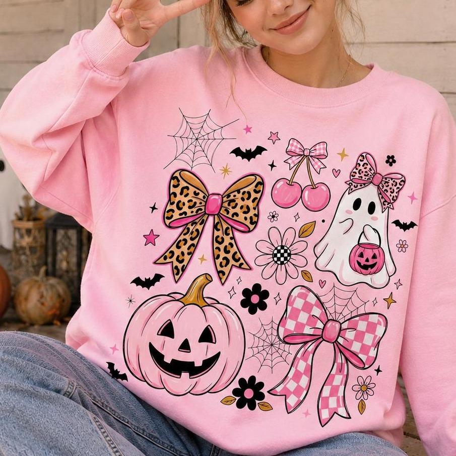 Coquette Halloween Pink Ghost Pumpkin Bow Sweatshirt Spooky Season Women Cute Girly Leopard Bow Design