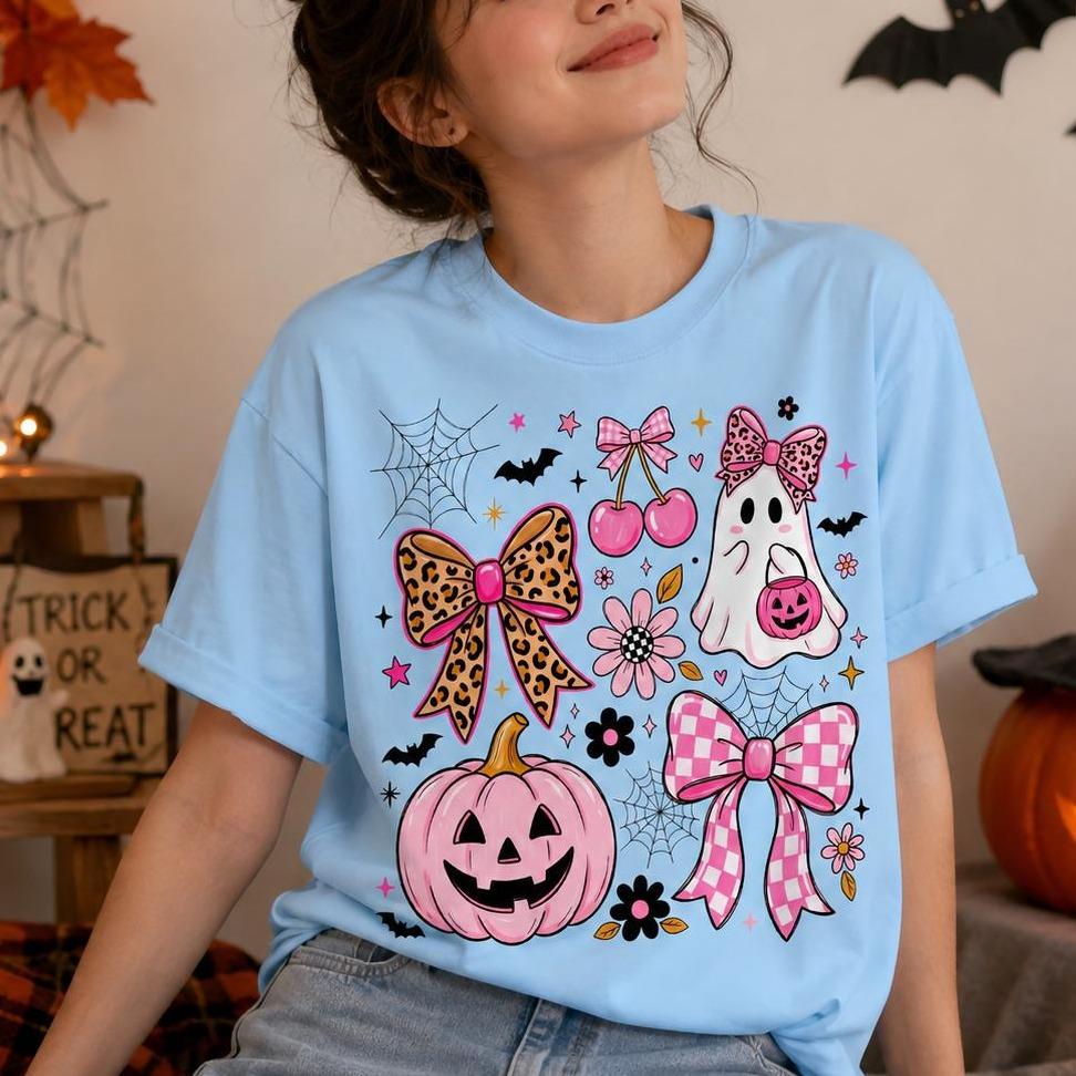 Coquette Halloween Pink Ghost Pumpkin Bow Sweatshirt Spooky Season Women Cute Girly Leopard Bow Design