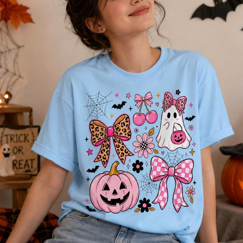 Coquette Halloween Pink Ghost Pumpkin Bow Sweatshirt Spooky Season Women Cute Girly Leopard Bow Design
