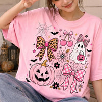 Coquette Halloween Pink Ghost Pumpkin Bow Sweatshirt Spooky Season Women Cute Girly Leopard Bow Design