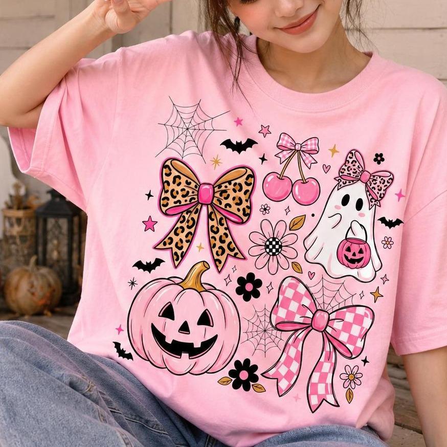 Coquette Halloween Pink Ghost Pumpkin Bow Sweatshirt Spooky Season Women Cute Girly Leopard Bow Design