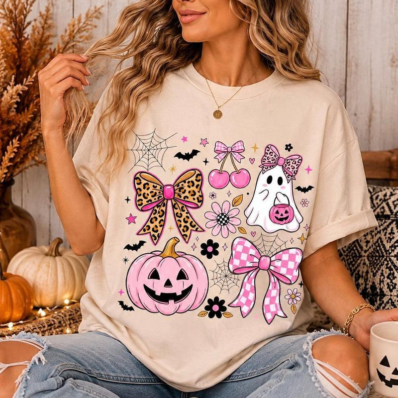 Coquette Halloween Pink Ghost Pumpkin Bow Sweatshirt Spooky Season Women Cute Girly Leopard Bow Design