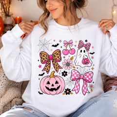 Coquette Halloween Pink Ghost Pumpkin Bow Sweatshirt Spooky Season Women Cute Girly Leopard Bow Design