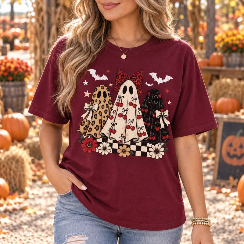 Coquette Halloween Shirt Cute Retro Ghost Trio Graphic Tee Cherry Bow Spooky Fall Aesthetic