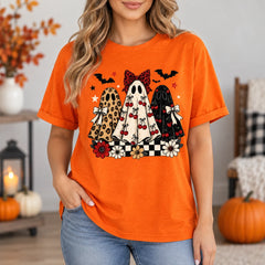 Coquette Halloween Shirt Cute Retro Ghost Trio Graphic Tee Cherry Bow Spooky Fall Aesthetic