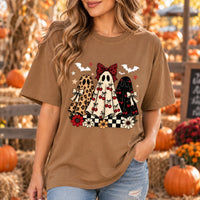 Coquette Halloween Shirt Cute Retro Ghost Trio Graphic Tee Cherry Bow Spooky Fall Aesthetic