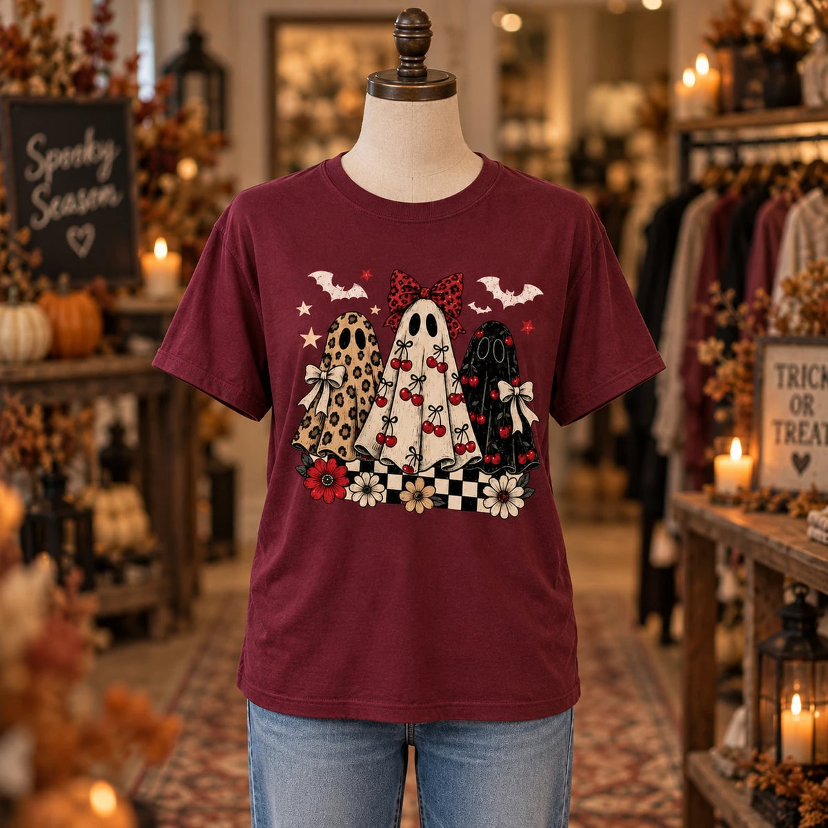 Coquette Halloween Shirt Cute Retro Ghost Trio Graphic Tee Cherry Bow Spooky Fall Aesthetic