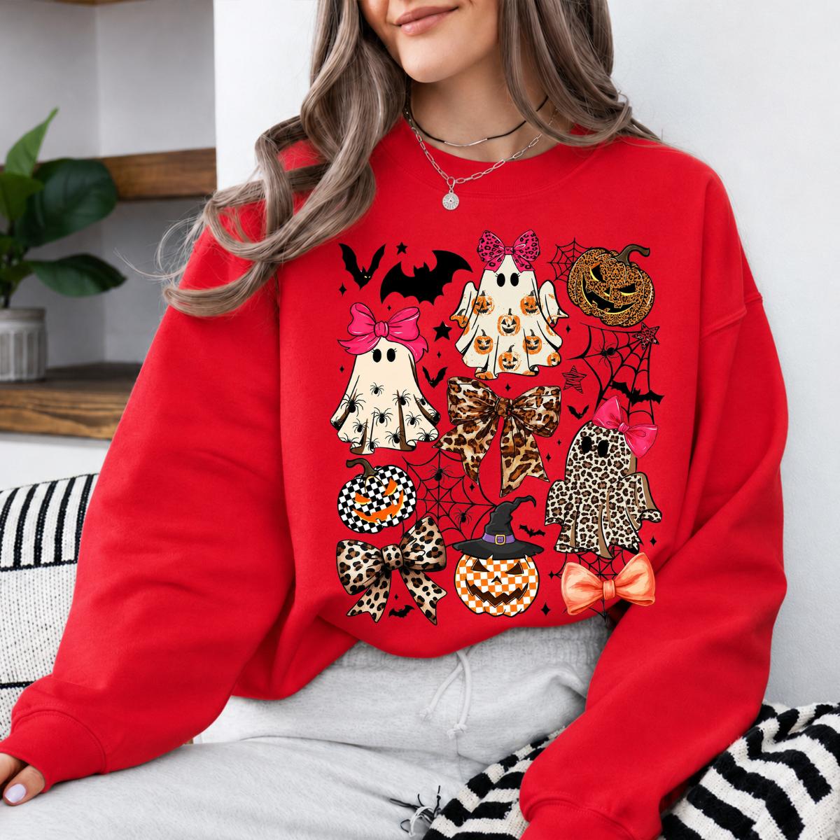 Coquette Halloween Spooky Bows Ghosts Sweatshirt and T-Shirt Spooky Season Fall Women Cute Leopard Retro Graphic