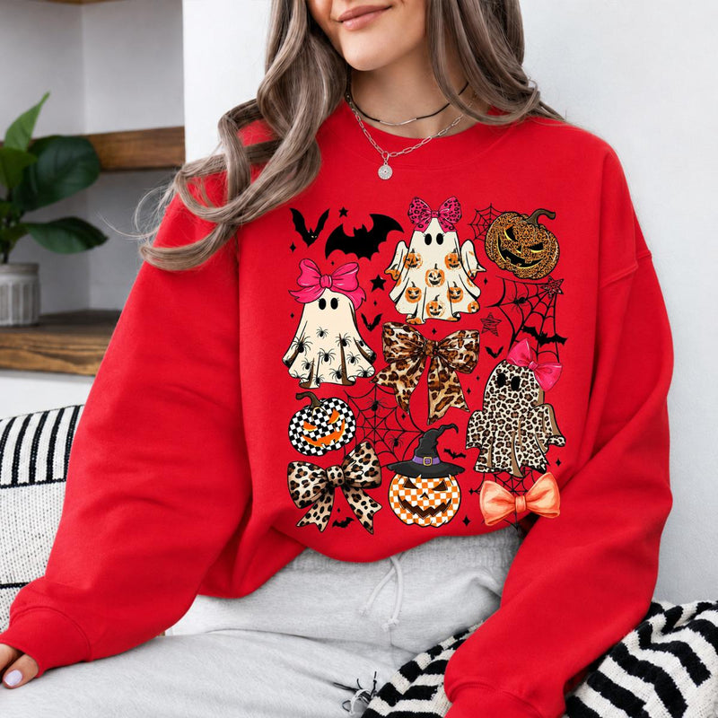 Coquette Halloween Spooky Bows Ghosts Sweatshirt and T-Shirt Spooky Season Fall Women Cute Leopard Retro Graphic