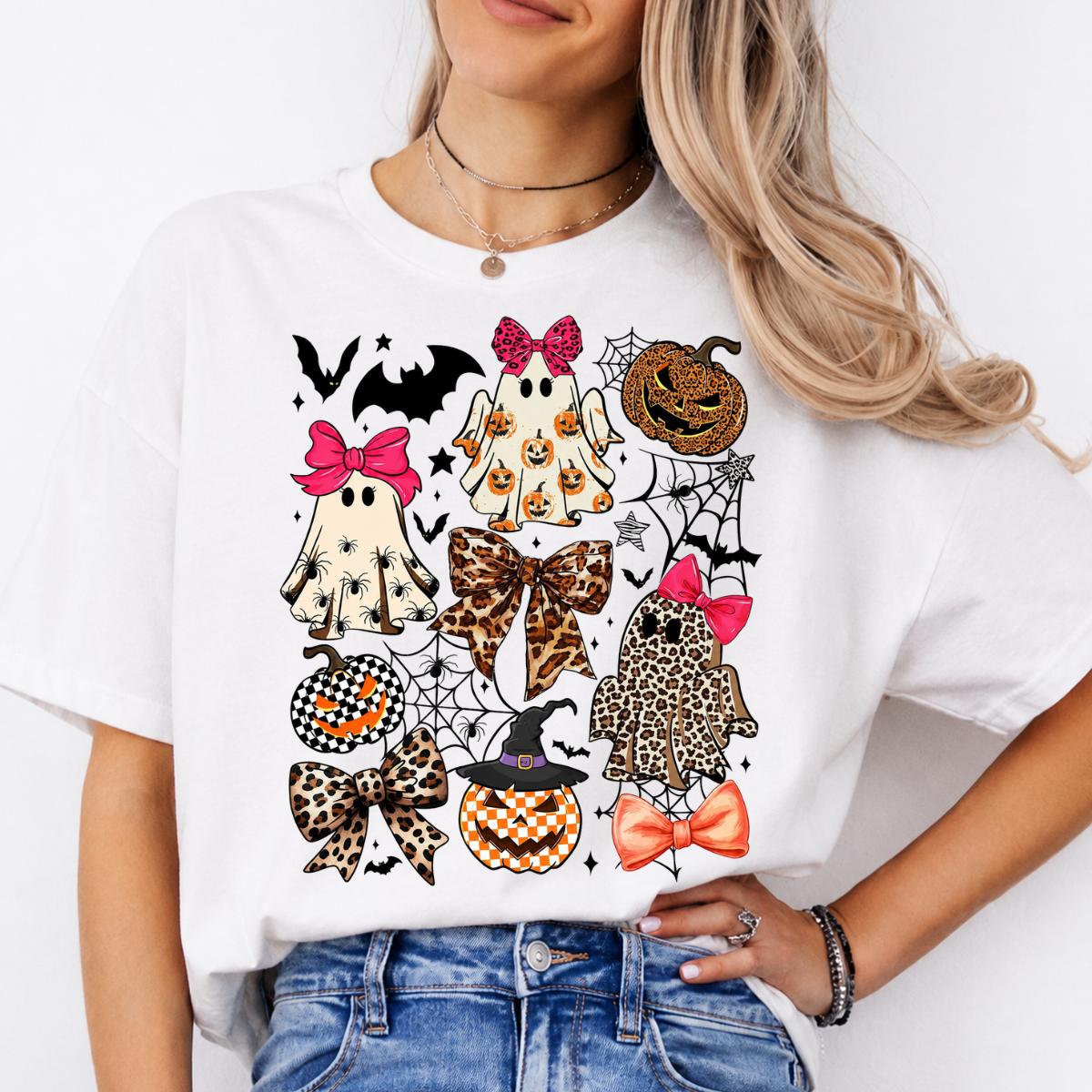 Coquette Halloween Spooky Bows Ghosts Sweatshirt and T-Shirt Spooky Season Fall Women Cute Leopard Retro Graphic