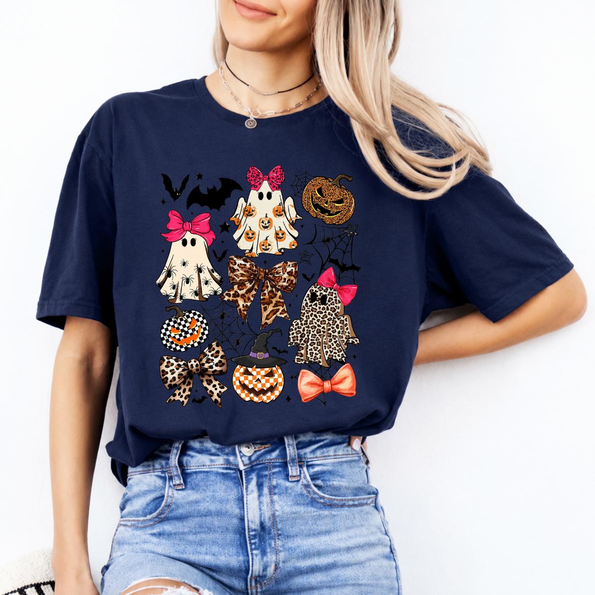 Coquette Halloween Spooky Bows Ghosts Sweatshirt and T-Shirt Spooky Season Fall Women Cute Leopard Retro Graphic