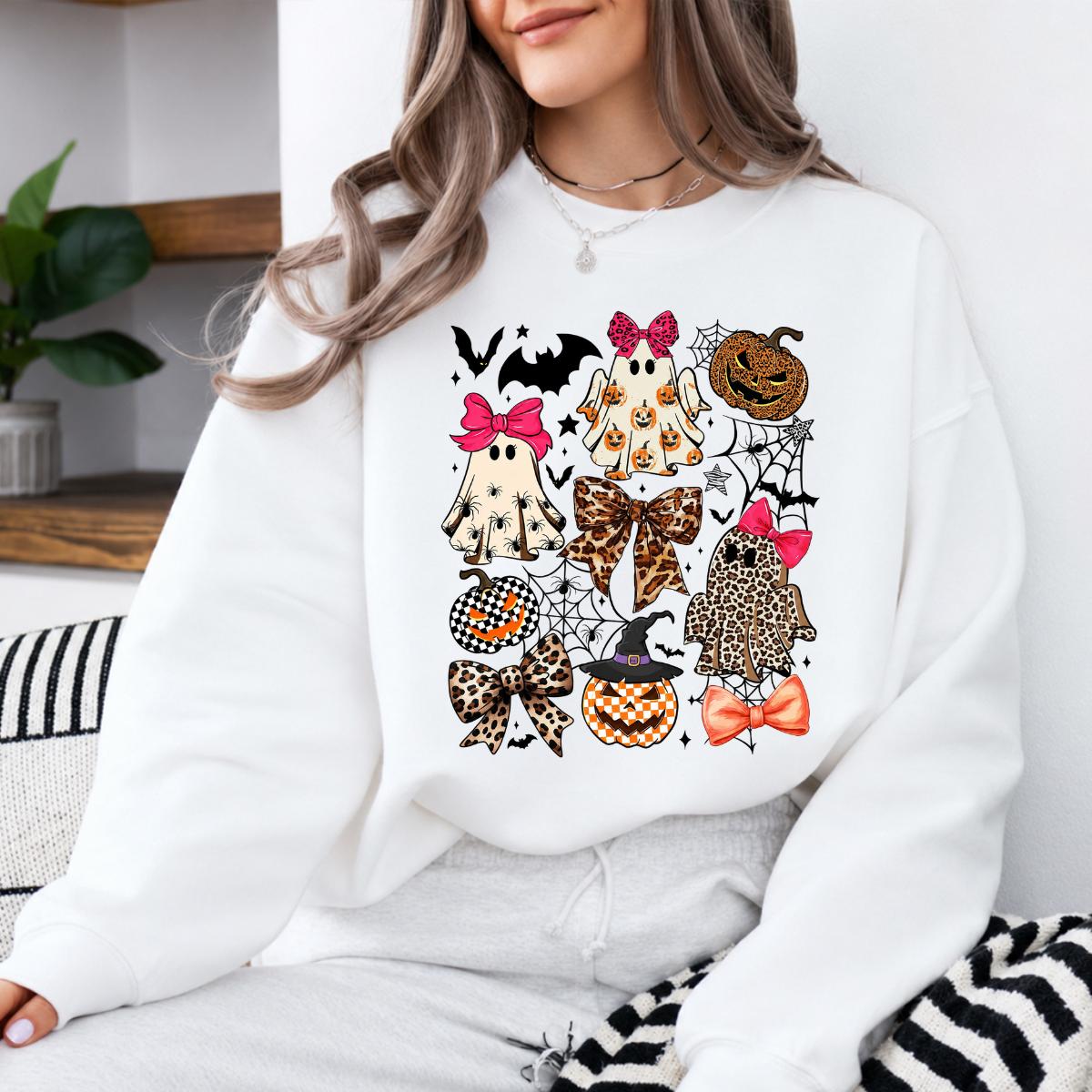 Coquette Halloween Spooky Bows Ghosts Sweatshirt and T-Shirt Spooky Season Fall Women Cute Leopard Retro Graphic