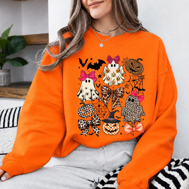 Coquette Halloween Spooky Bows Ghosts Sweatshirt and T-Shirt Spooky Season Fall Women Cute Leopard Retro Graphic